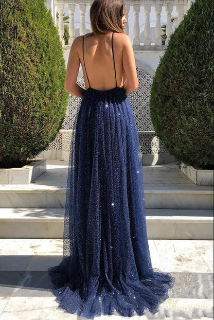 Dark Navy Sequins Spaghetti-Straps Prom Dress