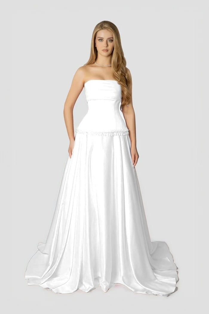 Baby Pink Strapless Evening Dress A-Line Sleeveless in Satin With Beading