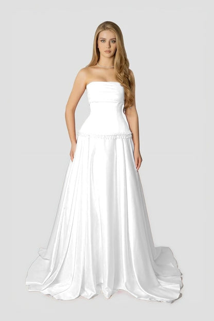 Baby Pink Strapless Evening Dress A-Line Sleeveless in Satin With Beading
