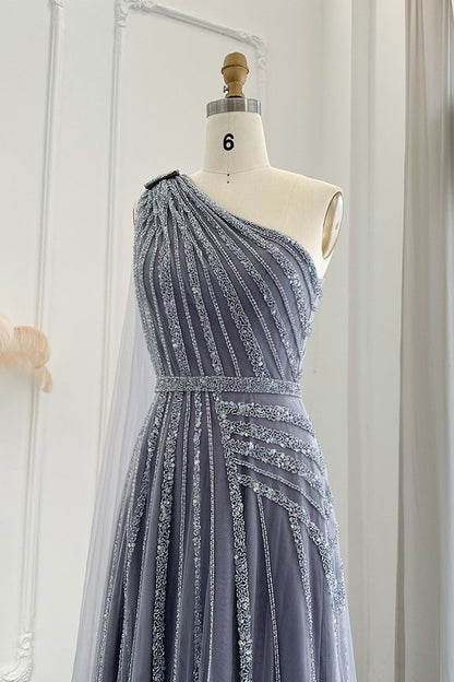 Stunning Gray One Shoulder A Line Prom Dress Appliques With Ruffles