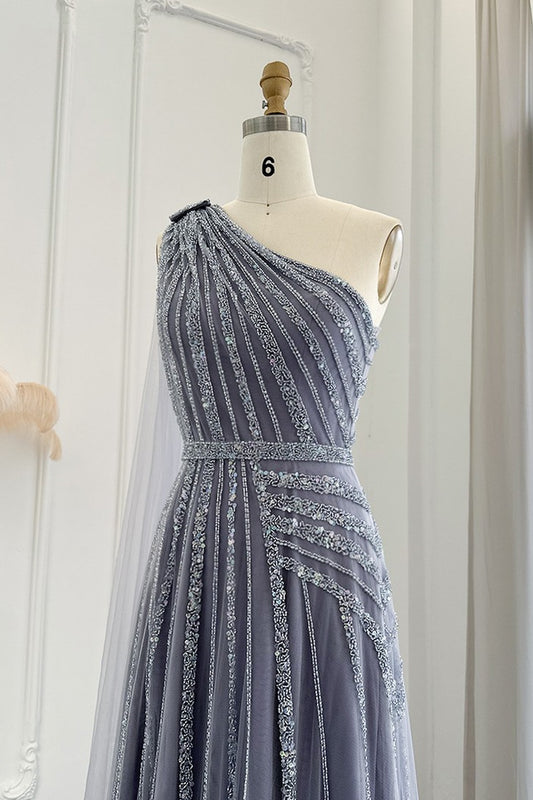 Stunning Gray One Shoulder A Line Prom Dress Appliques With Ruffles