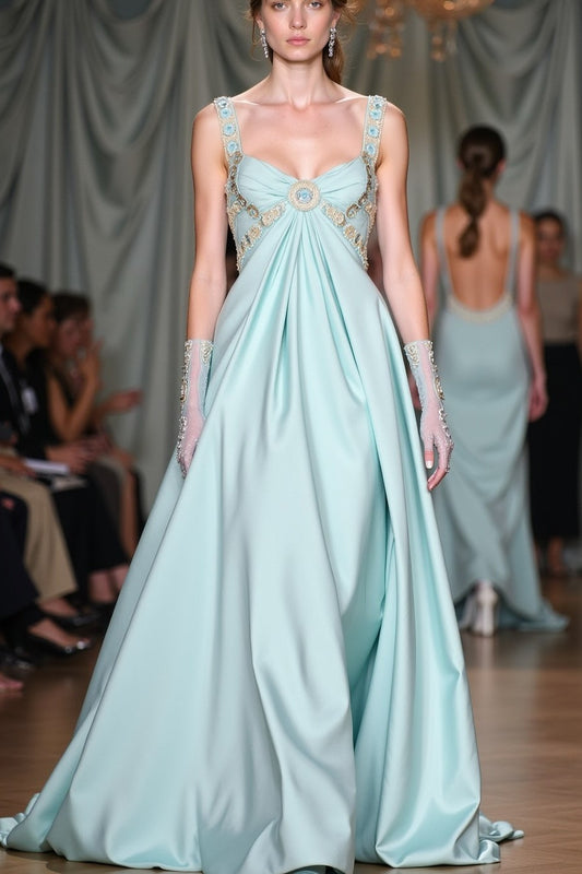 Sleeveless Wide Straps V-Neck A Line Prom Dress With Beads
