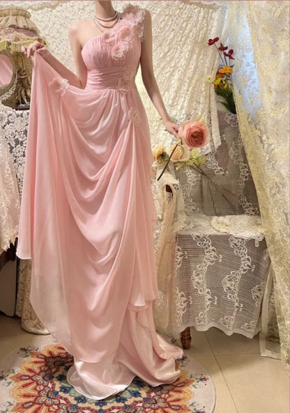 Elegant Pink Off the Shoulder 3D Flower Pleated Chiffon Long Prom Dress SH3932