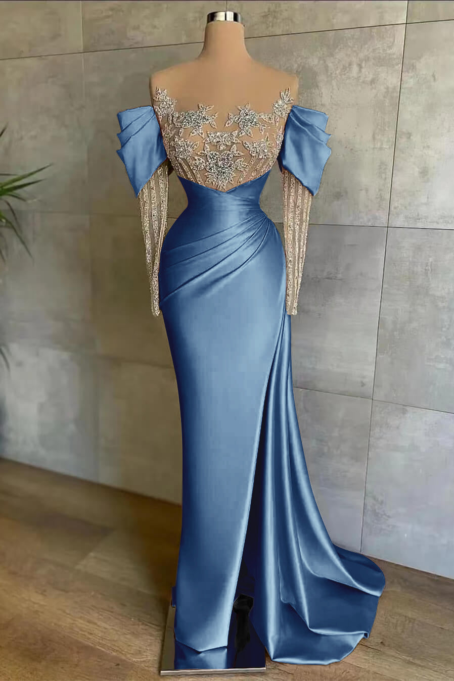 Pink Front Split Mermaid Long Sleeves Prom Dress Beadings With Appliques Off-The-Shoulder