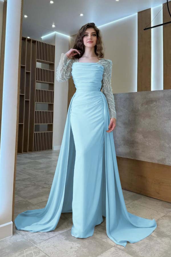 Gentle Beaded Long Sleeves Prom Dress With Detachable Trail