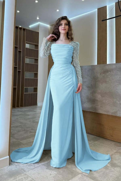 Gentle Beaded Long Sleeves Prom Dress With Detachable Trail