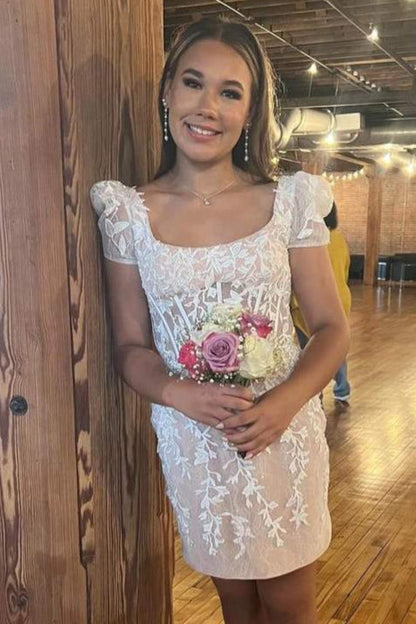 Short Sleeves Ivory Lace Tight Short Homecoming Dress