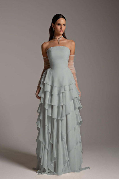 Charming Strapless Sleeveless Square Ruffles Long Prom Dress With Gloves