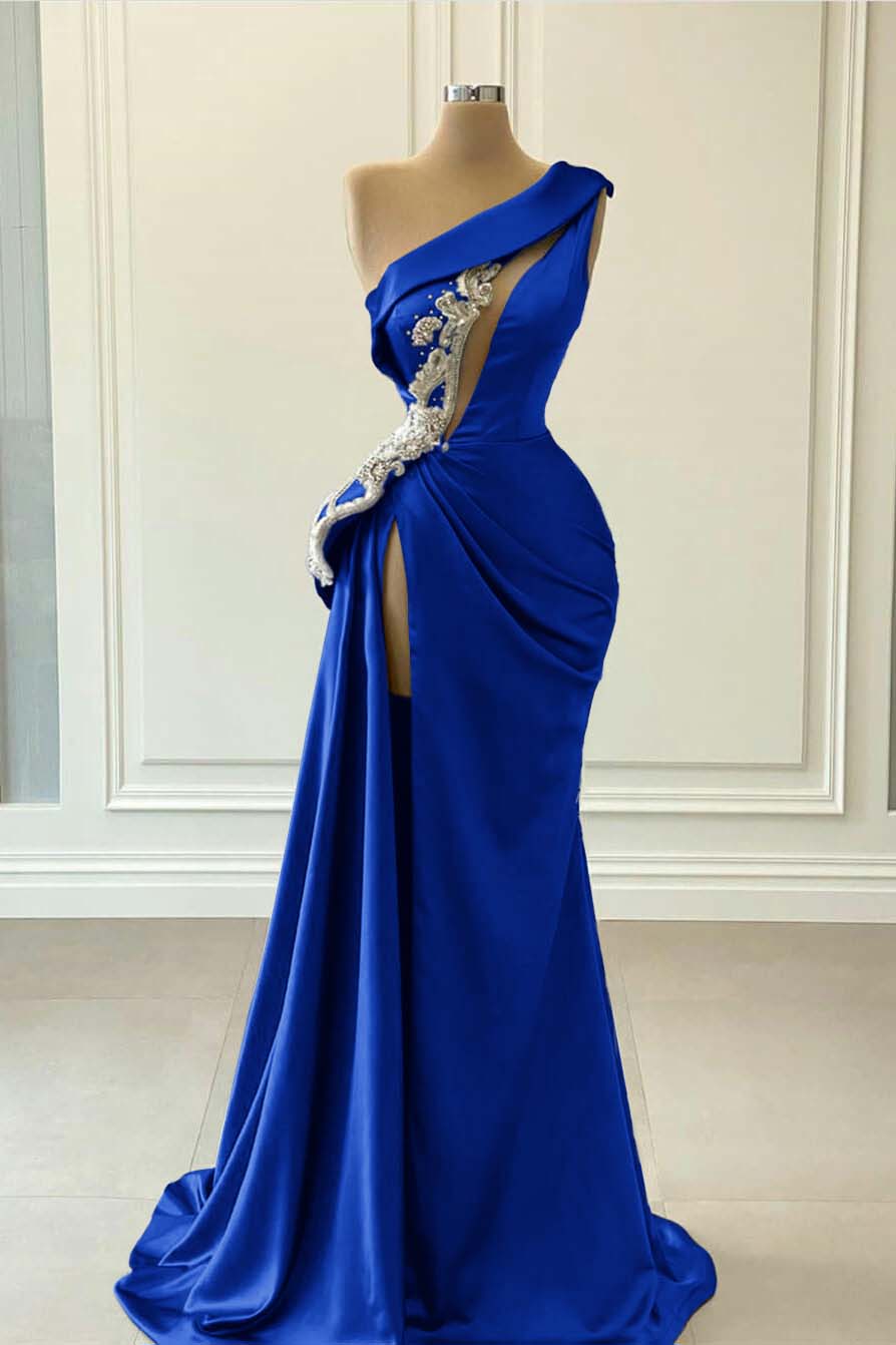 One Shoulder Blue Mermaid Prom Dress With Beaded