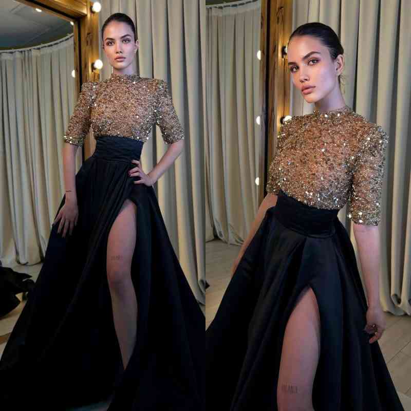 High Neck Mermaid Evening Dress Short Sleeves