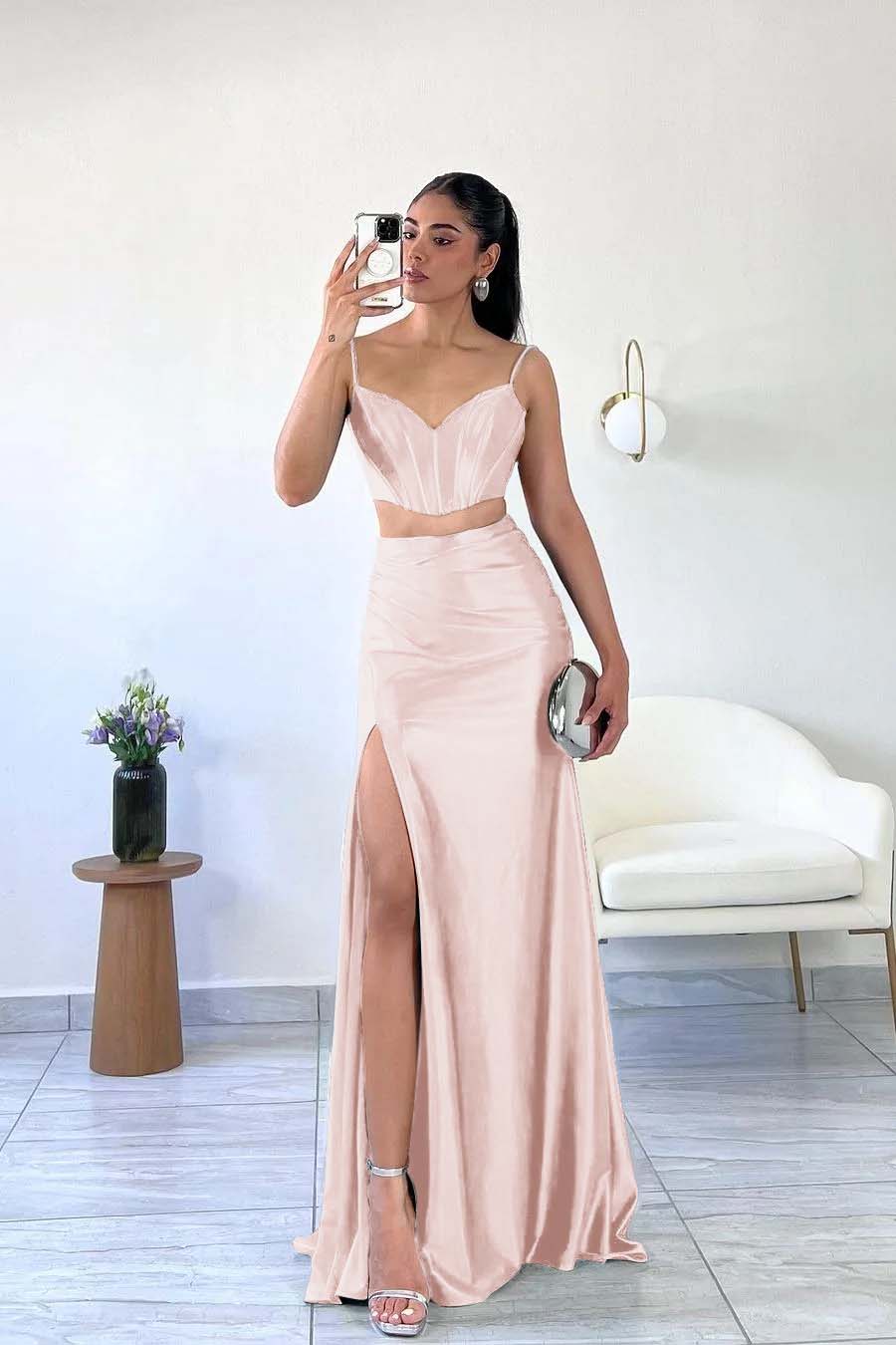 Simple Dark Green Satin Spaghetti Strap Sleeveless Long Prom Dress with Split