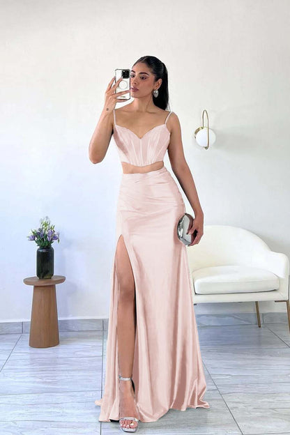 Simple Dark Green Satin Spaghetti Strap Sleeveless Long Prom Dress with Split