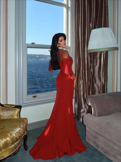 Red Sleeveless Spagheetti Straps V Neck Mermaid Long Prom Dress With Slit