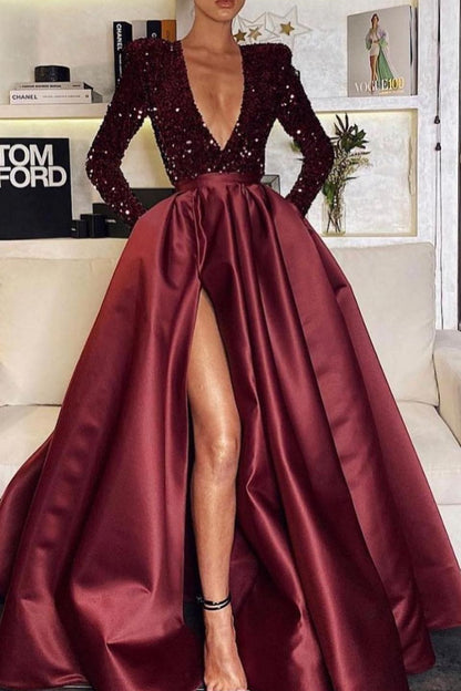Deep V-Neck Long Sleeves Mermaid Prom Dress Split With Sequins
