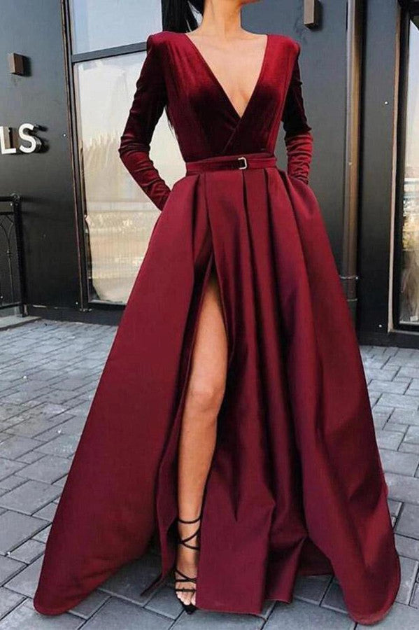 Burgundy Long Sleeves Prom Dress With Split