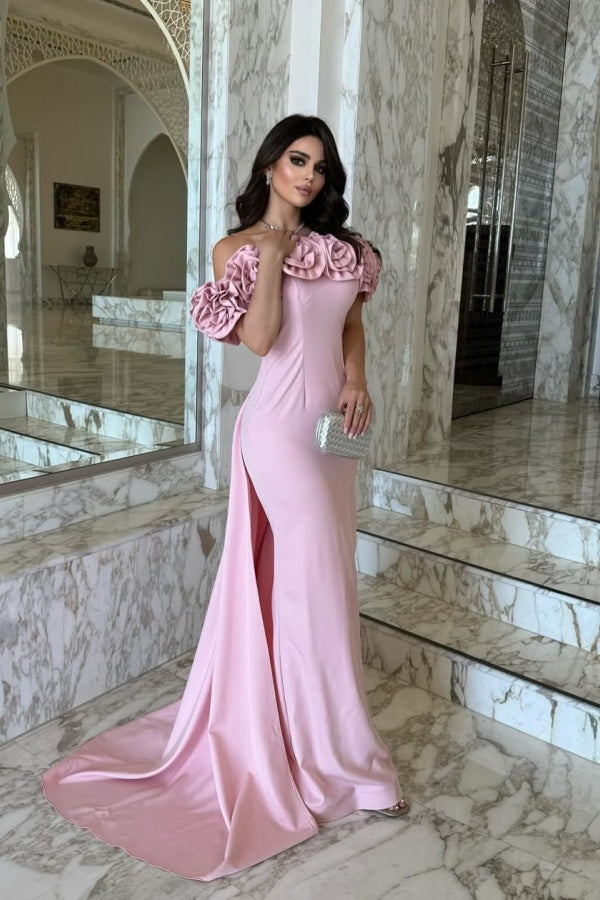 Glamorous Pink Satin Floral Off the Shoulder Prom Dress with Train