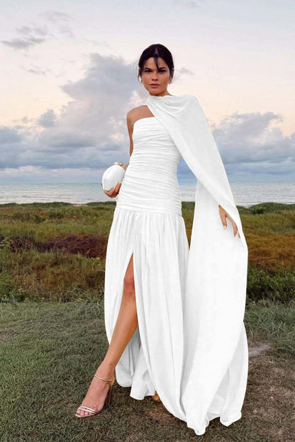 Elegant Daffodil Chiffon Strapless Sleeveless Split Prom Dress with Scarf