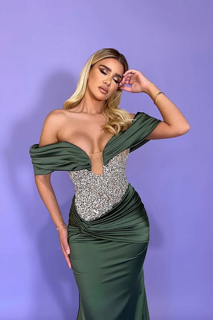 Sleeveless Strapless Off-Shoulders Beads Pleated Mermaid Prom Dress