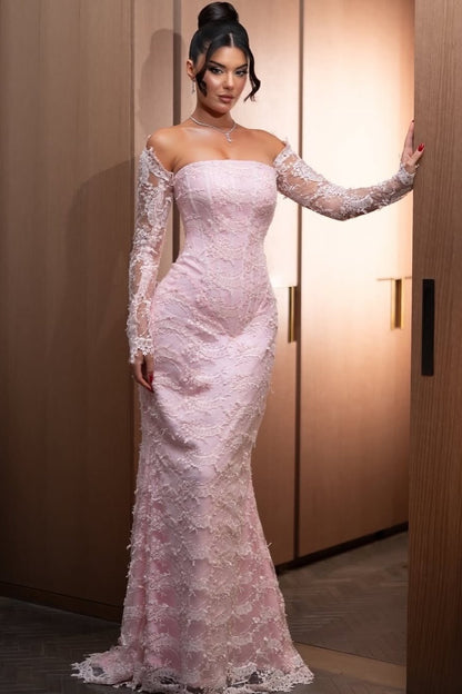 Pink Stunning Off-Shoulder Sleeveless Mermiad Embroidery Evening Dress With Lace Gloves