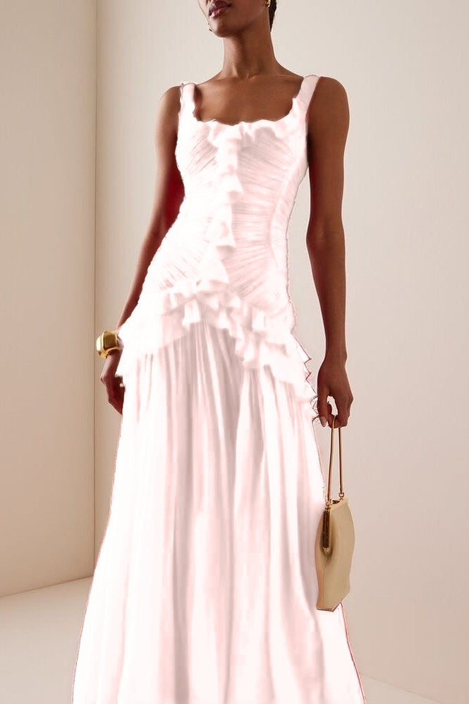 Elegant Ruffled Red Sleeveless Square Long Prom Dress With Pleated