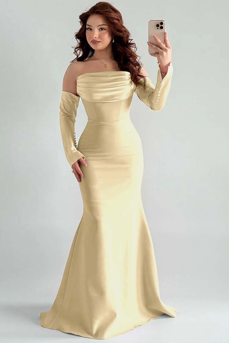 Square Strapless Mermaid Long Sleeves Prom Dress With Pleated
