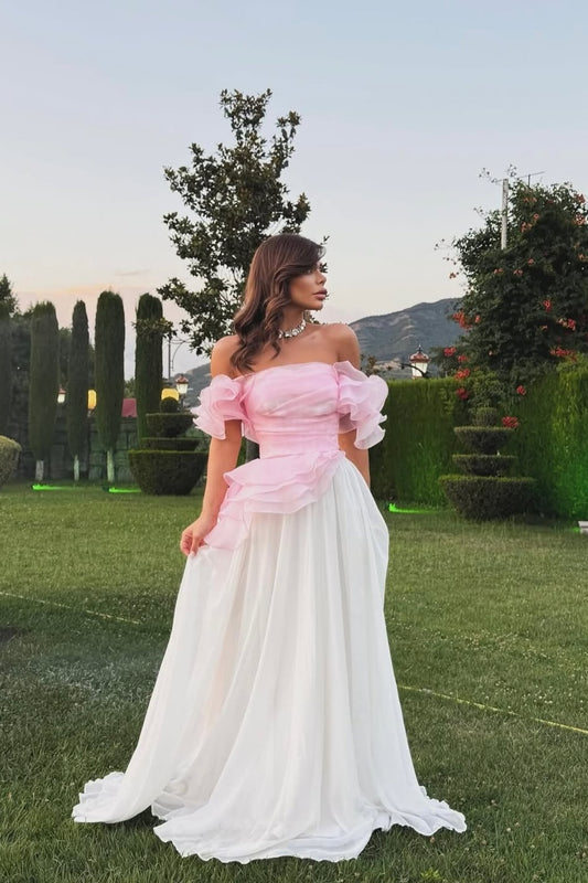 Chic Sleeveless Off Shoulder A Line Long Prom Dress With Pleated