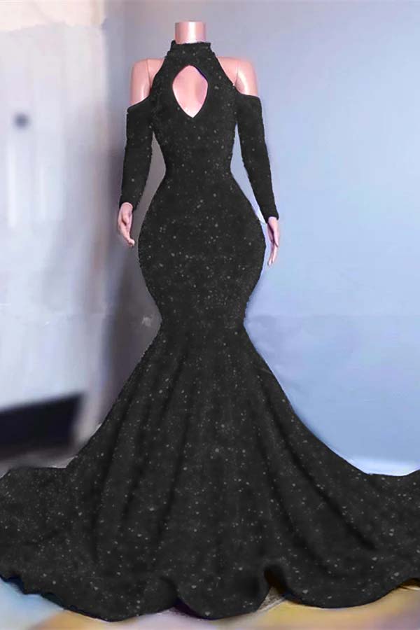 Long Sleeves Royal Blue High Collar Mermaid Long Prom Dress With Sequins