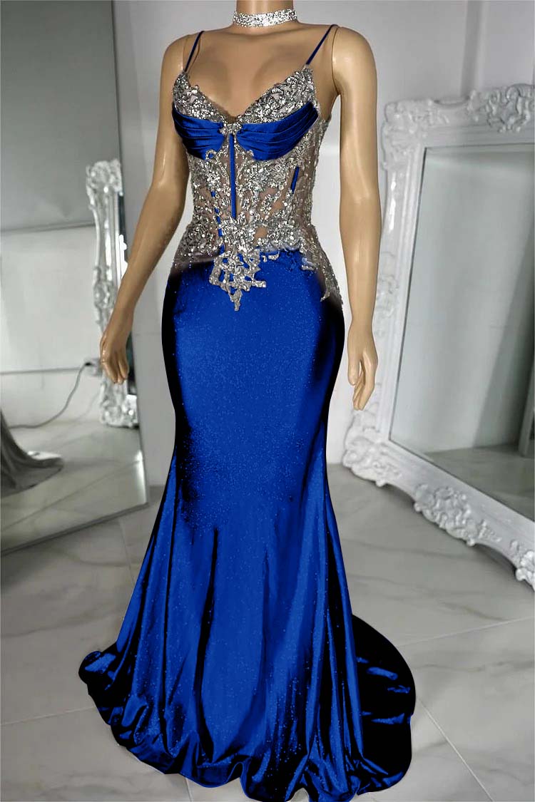Spaghetti Strap Sleeveless V-Neck Mermaid Long Prom Dress With Sequins