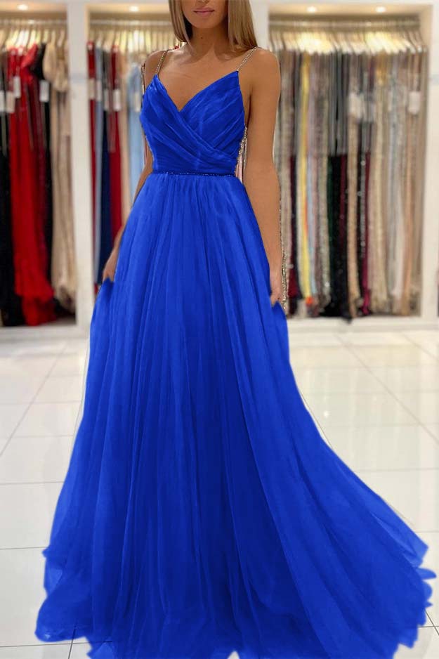 Long Light Sky Blue Spaghetti-Straps Tulle Prom Dress With Beads
