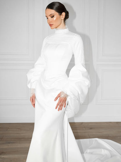 Elegant White Long Sleeves High Neck Mermaid Long Evening Dress