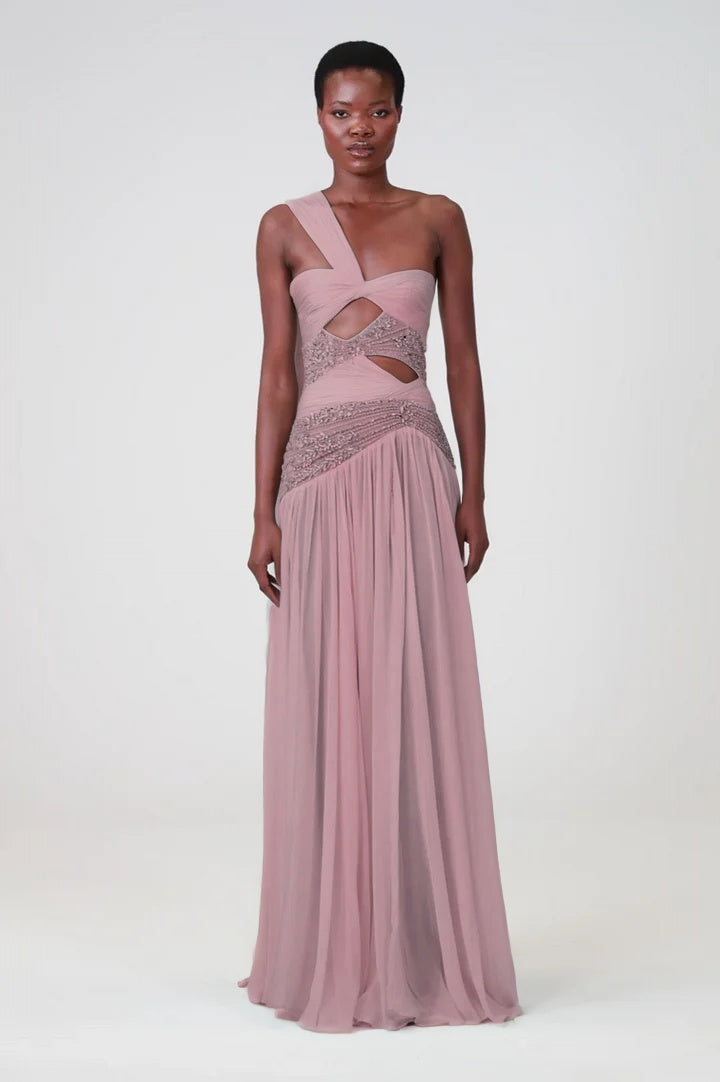 Charming Blue Sleeveless One Shoulder Long Evening Dress with Sequins