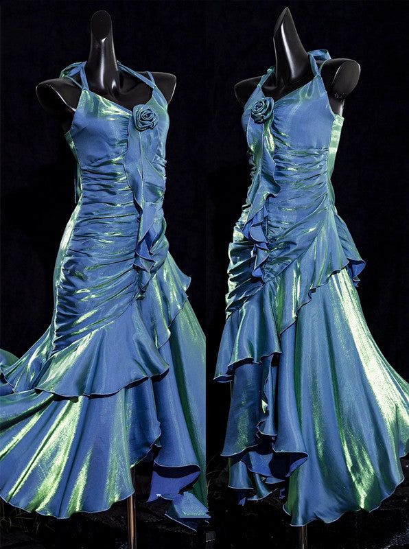 Vintage Mermaid Spaghetti Straps Ruffle Ice Blue Satin Long Length Prom Dress Evening Dress SH3096