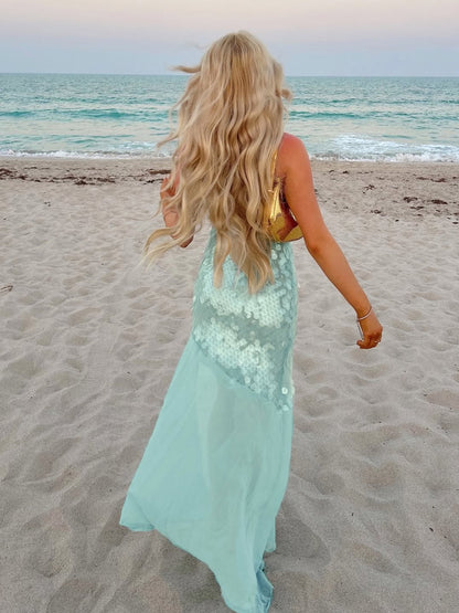 Fashionable Sleeveless Spaghetti Straps Long Evening Dress With Sequins