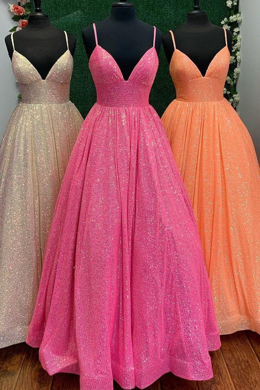 A Line V-Neck Prom Dress  Spaghetti-Straps Sparkle With Appliques