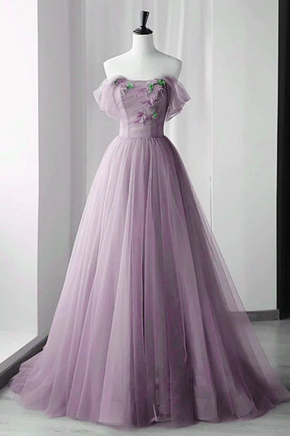 Lilac Off-The-Shoulder Beadings Appliques Evening Dress With Tulle