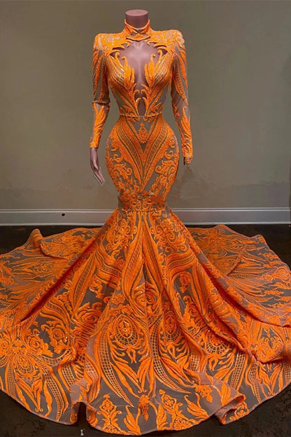 Mermaid Orange Long Sleeves Prom Dress Sequins Lace