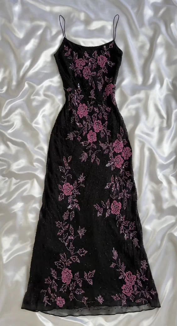 Black Retro Elegant Pink Beaded Chiffon Prom Dress Evening Dress Birthday Party Dress SH3595