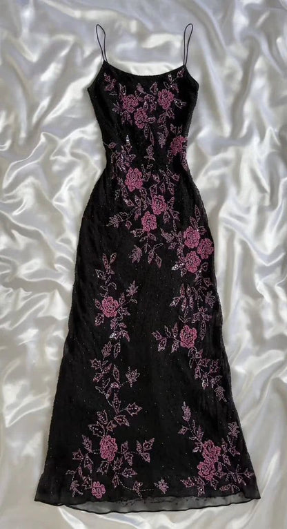 Black Retro Elegant Pink Beaded Chiffon Prom Dress Evening Dress Birthday Party Dress SH3595