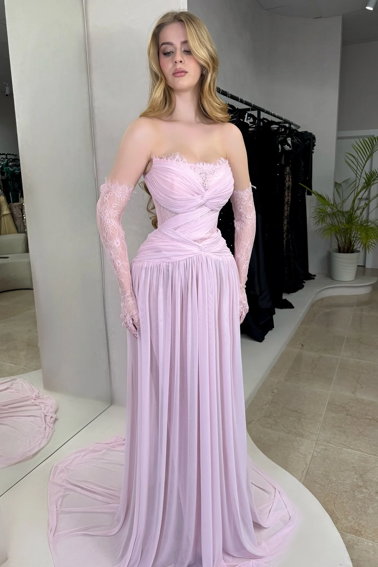 Lilac Strapless Fitted Evening Dress in Chiffon Pleated With Lace