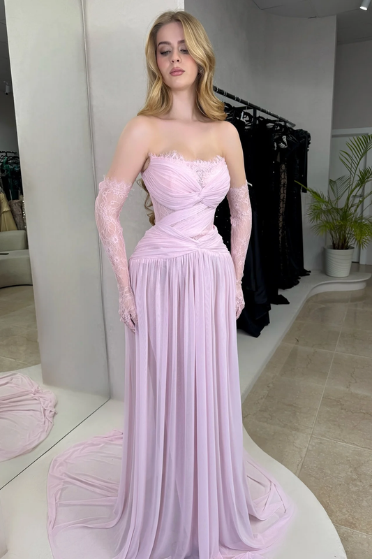 Lilac Strapless Fitted Evening Dress in Chiffon Pleated With Lace