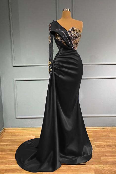 Dark Blue Long Sleeve One Shoulder Mermaid Prom Dress With beads