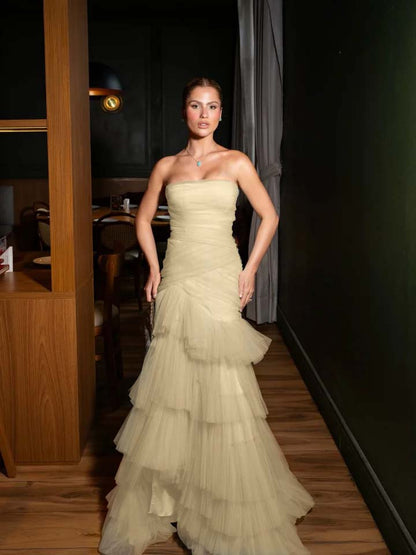 Stunning Straight Across Sleeveless Pleated Tulle Mermaid Evening Dress