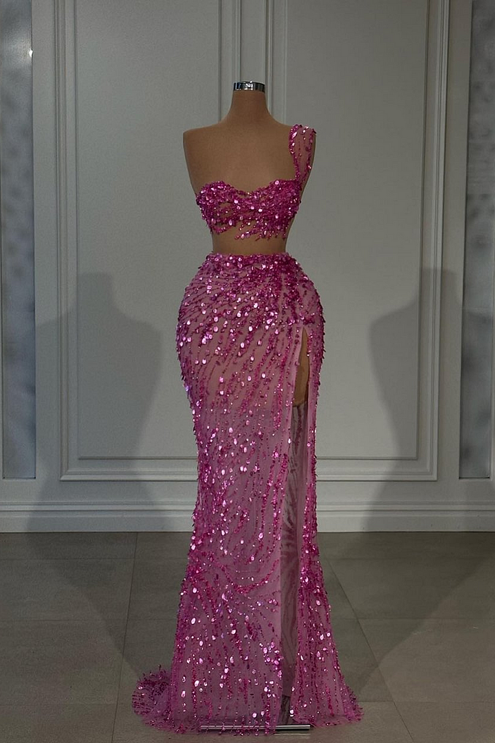 Shining Hot Pink Single Shoulder Strap Sleeveless Slit Prom Dress