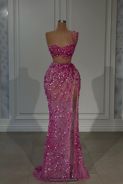 Shining Hot Pink Single Shoulder Strap Sleeveless Slit Prom Dress