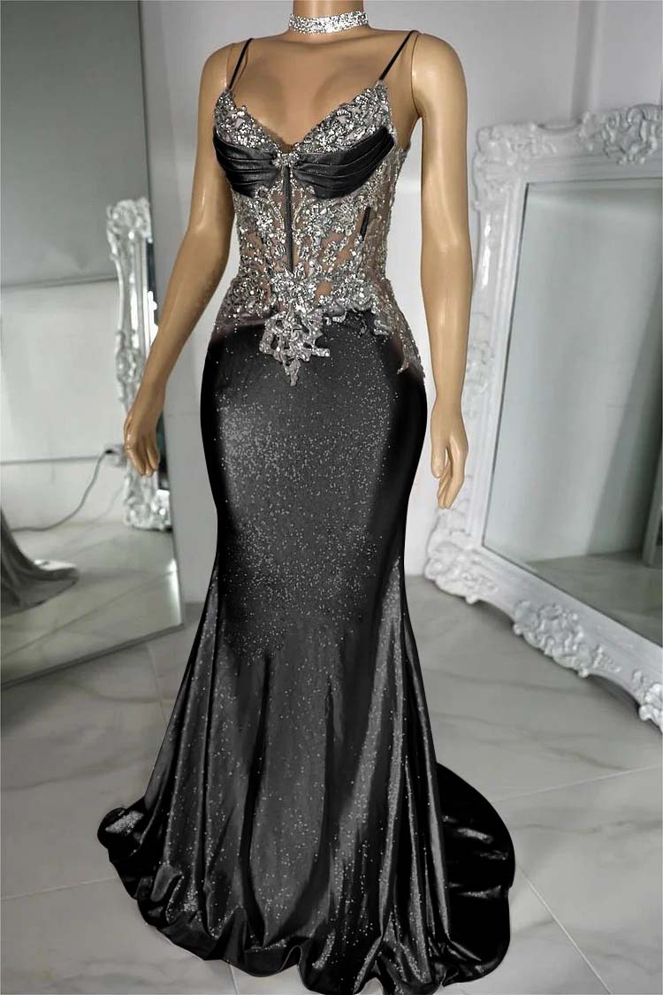 Spaghetti Strap Sleeveless V-Neck Mermaid Long Prom Dress With Sequins