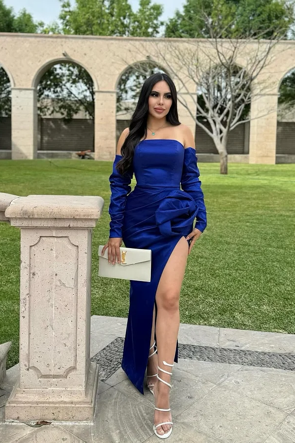Baby Blue Long Sleeves Strapless Mermaid Pleated Prom Dress