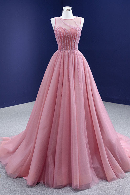 Gorgeous Pink A-line Prom Dress Tulle With Sleeveless Beadings On Sale