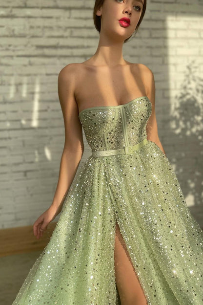 Sage Strapless A-Line Prom Dress High Split Long With Sequins Beads