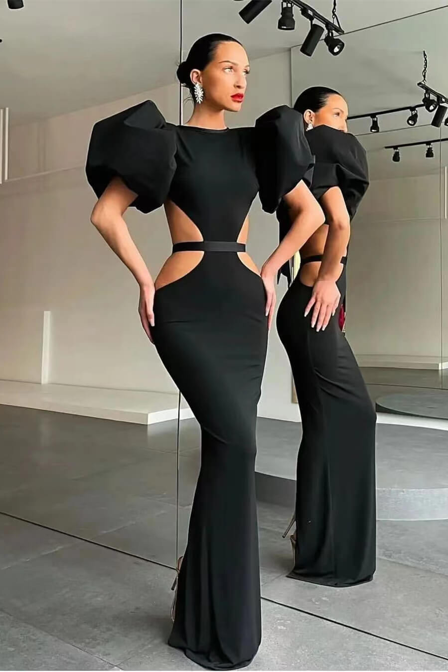 Shine Mermaid Puff Sleeves Evening Dress Online Black