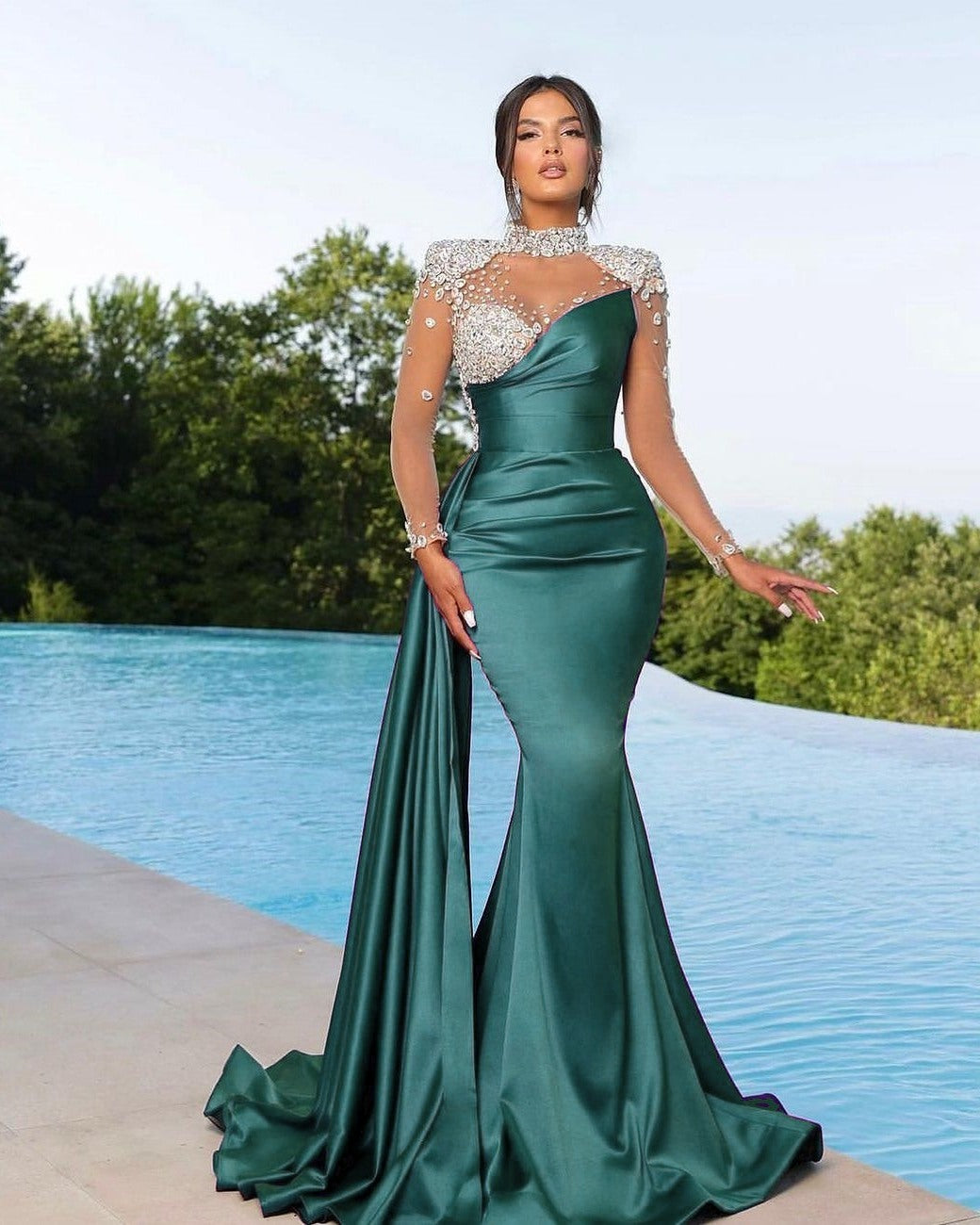 Chic Long Sleeves  Beaded Satin Mermaid Prom Dress with Ruffles